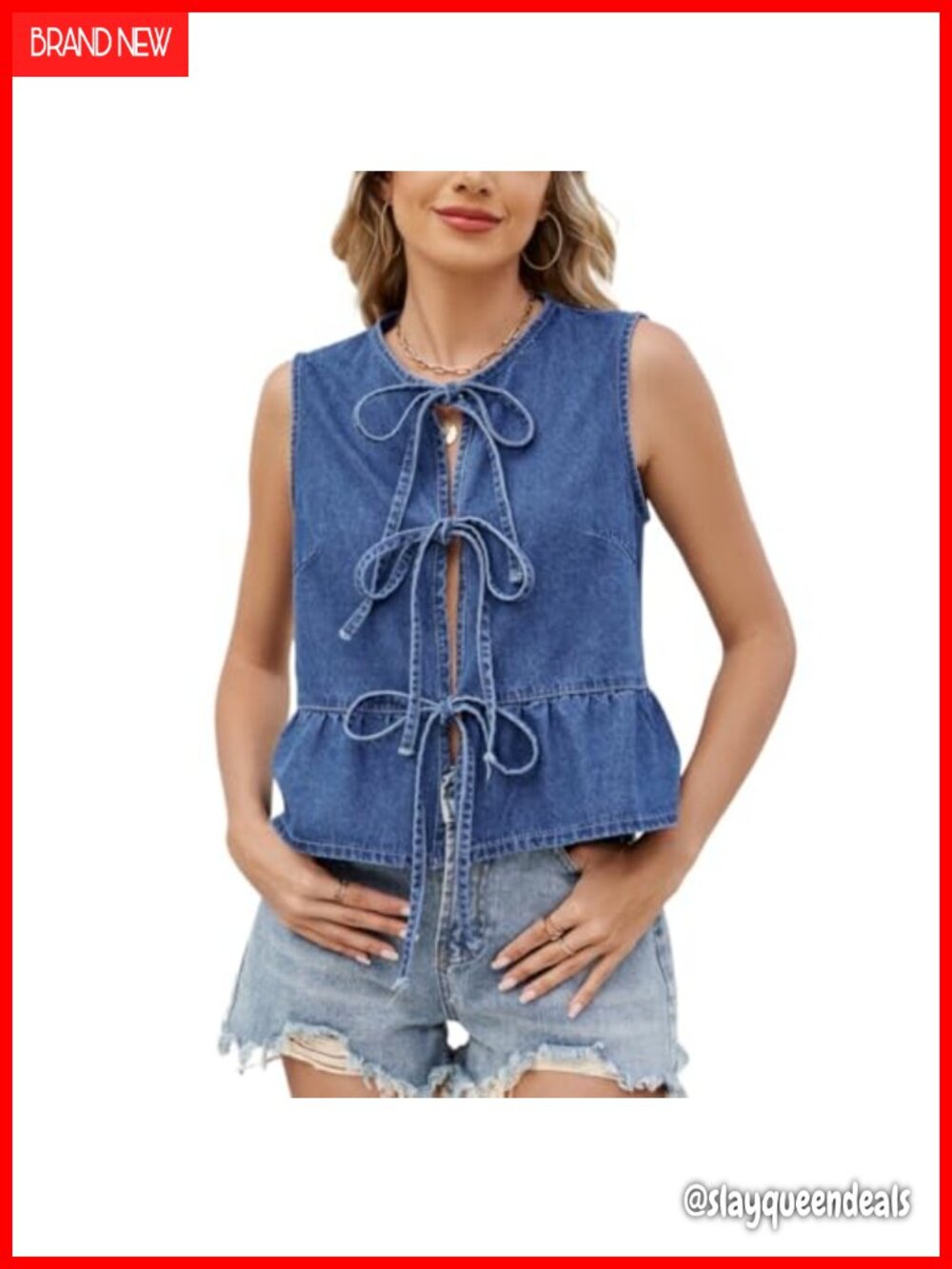 Denim Vest Sleeveless Crop Top Bow Tie Up Y2K Summer Jean Waistcoat